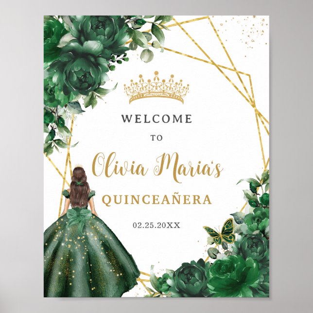 Emerald Green Floral Princess Quinceañera Welcome Poster (Front)