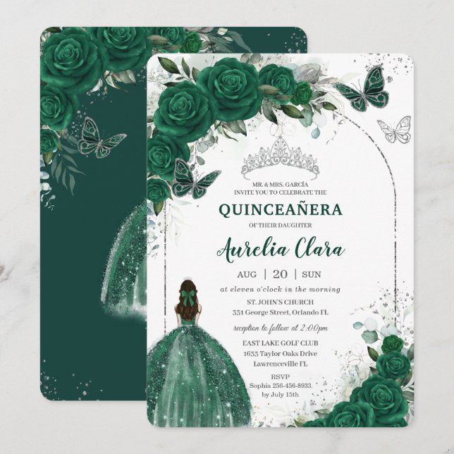 Emerald Green Floral Princess Silver Quinceañera Invitation (Front/Back)