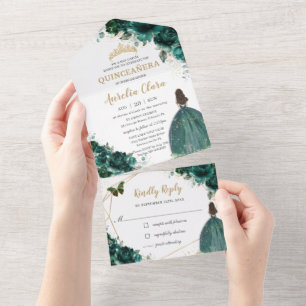 Emerald Green Floral Princess Tiara Quinceañera All In One Invitation