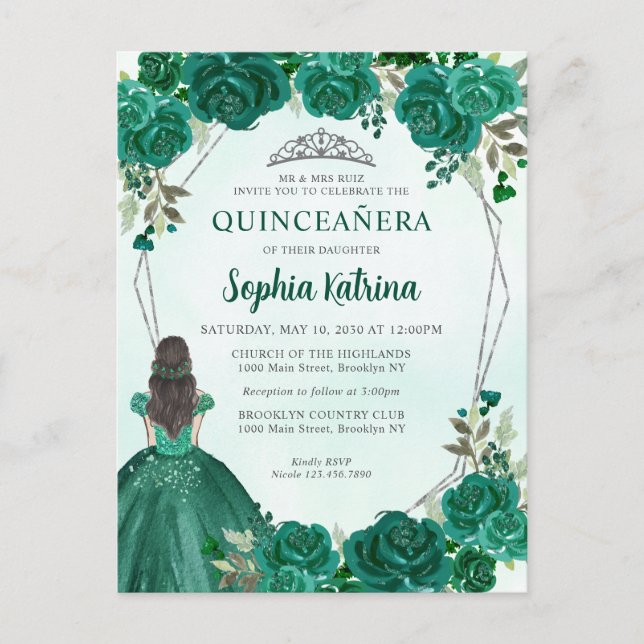 Emerald Green Floral Princess Tiara Quinceañera In Postcard (Front)