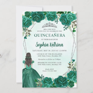 Emerald Green Floral Princess Tiara Quinceañera Invitation