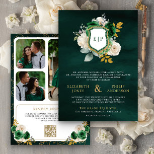 Emerald Green Floral QR Code Photo Crest Wedding Invitation