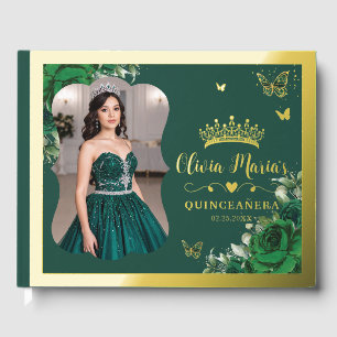 Emerald Green Floral Quinceanera 15 Sweet 16 Photo Guest Book