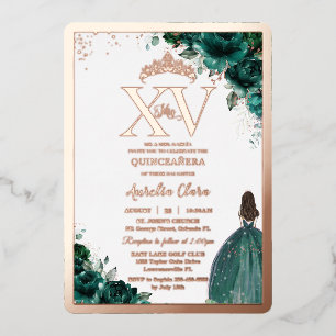 Emerald Green Floral Quinceañera 15 XV Rose Gold