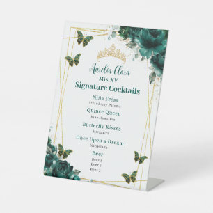 Emerald Green Floral Quinceanera Bar Cocktail Menu Pedestal Sign