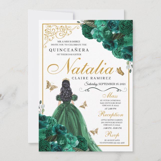 Emerald Green Floral Quinceanera Birthday Invitati Invitation (Front)