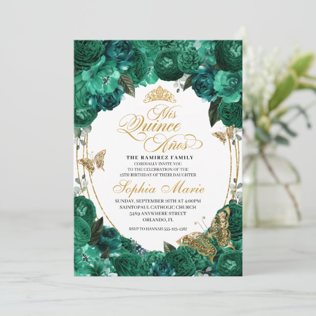 Emerald Green Floral Quinceanera Birthday Invitation (Standing Front)
