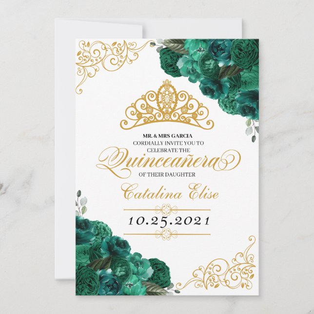 Emerald Green Floral Quinceanera Birthday Invitation (Front)
