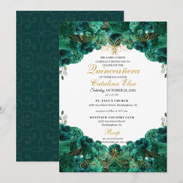 Emerald Green Floral Quinceanera Birthday Invitation (Front/Back)