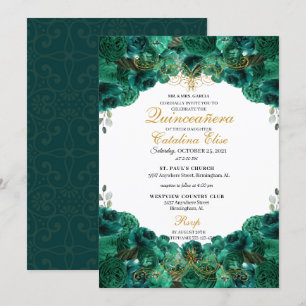 Emerald Green Floral Quinceanera Birthday Invitation