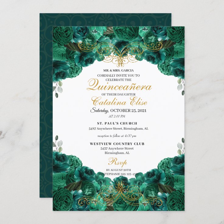 Emerald Green Floral Quinceanera Birthday Invitation Zazzle