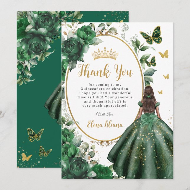 Emerald Green Floral Quinceañera Brown Princess  Thank You Card (Front/Back)