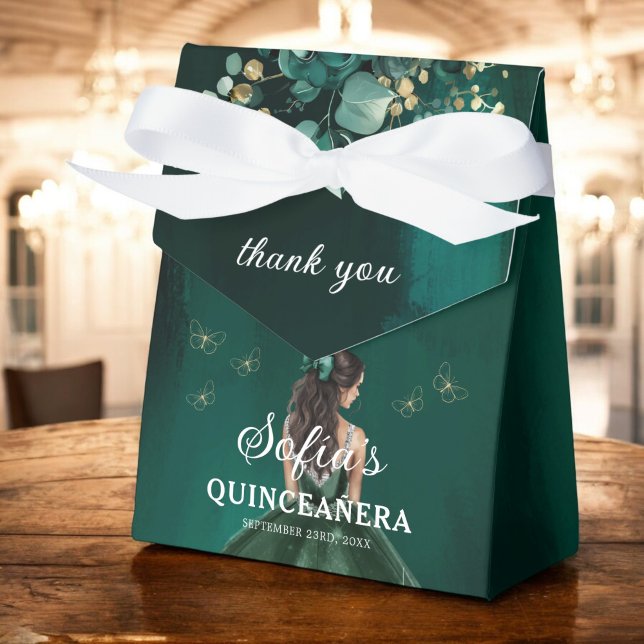 Emerald Green Floral Quinceañera Butterflies Favour Box (Creator Uploaded)