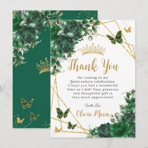 Emerald Green Floral Quinceañera Butterflies Thank You Card