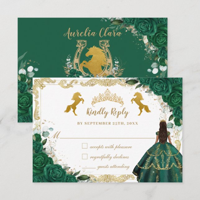Emerald Green Floral Quinceañera Charro Gold Horse RSVP Card (Front/Back)