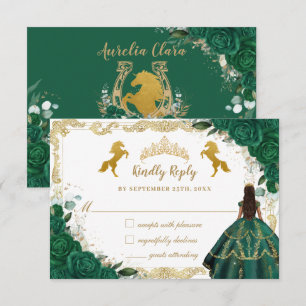 Emerald Green Floral Quinceañera Charro Gold Horse RSVP Card