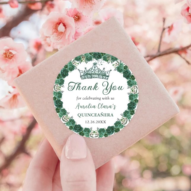 Emerald Green Floral Quinceañera Classic Round Sticker (Creator Uploaded)