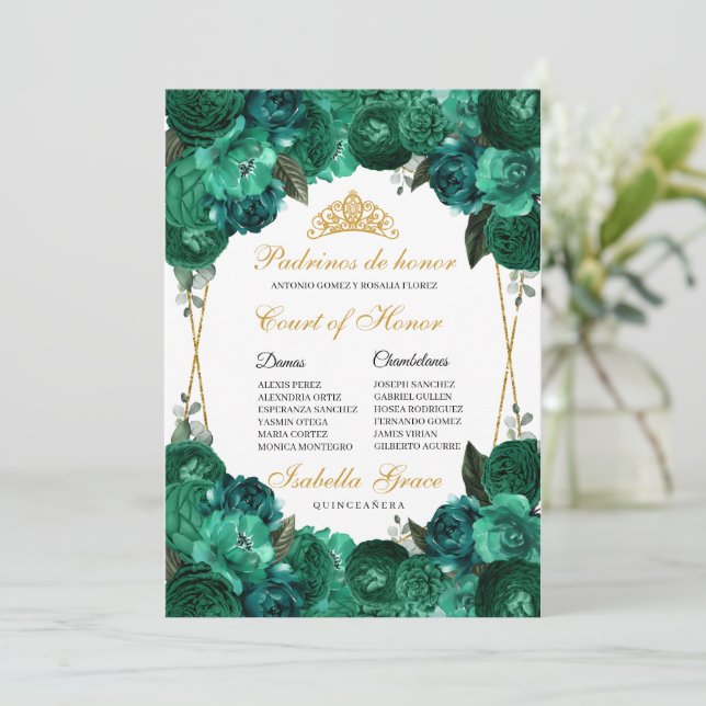 Emerald Green Floral Quinceanera Court of Honour Invitation (Standing Front)