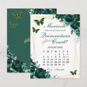 Emerald Green Floral Quinceanera Court Proposal  RSVP Card