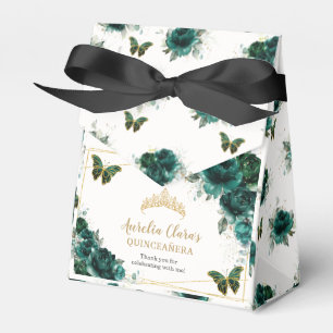 Emerald Green Floral Quinceañera Crown Butterflies Favour Box