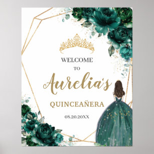 Emerald Green Floral Quinceañera Geometric Welcome Poster