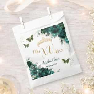 Emerald Green Floral Quinceanera Gold Butterflies Favour Bags