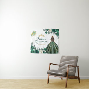 Emerald Green Floral Quinceañera Gold Welcome Sign Tapestry