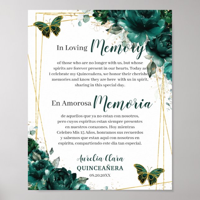 Emerald Green Floral Quinceanera In Loving Memory Poster (Front)