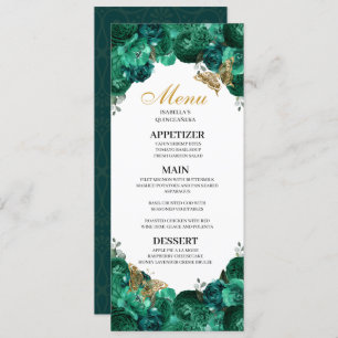 Emerald Green Floral Quinceanera Menu Invitation