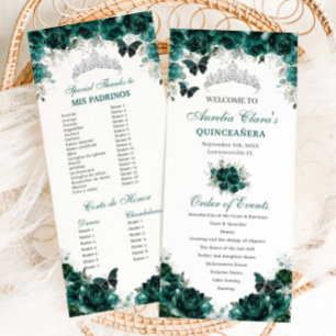 Emerald Green Floral Quinceañera Order of Events Programme