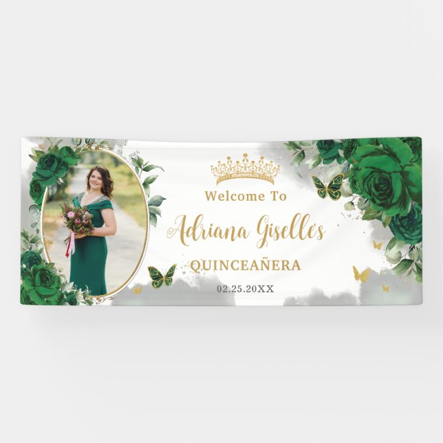Emerald Green Floral Quinceañera Photo Backdrop Banner (Horizontal)