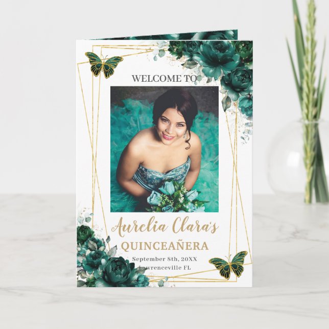 Emerald Green Floral Quinceanera Photo Padrinos Programme (Front)