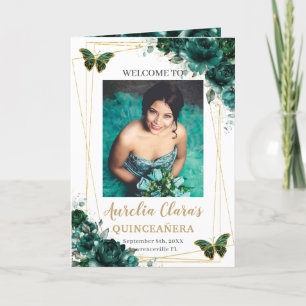 Emerald Green Floral Quinceanera Photo Padrinos Programme