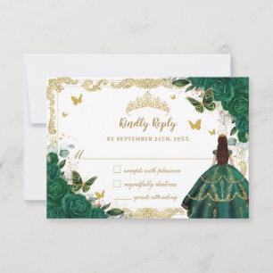 Emerald Green Floral Quinceañera Princess Crown RS RSVP Card