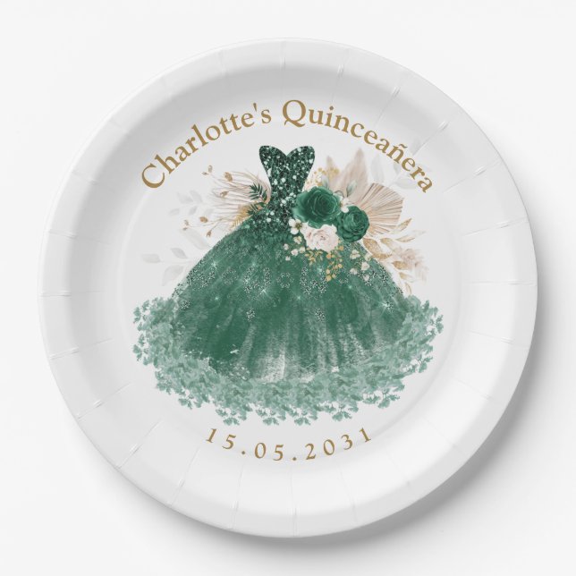 Emerald Green Floral Quinceanera Princess Dress Paper Plate (Front)