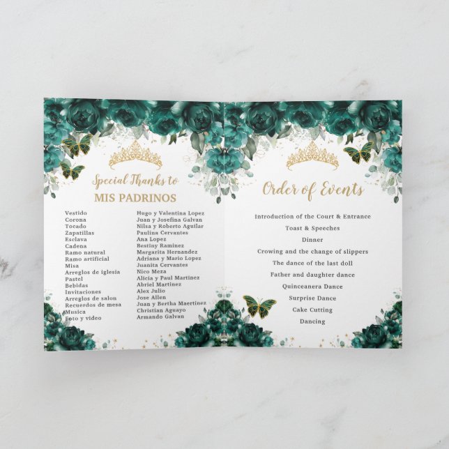 Emerald Green Floral Quinceanera Princess Padrinos Programme (Inside)
