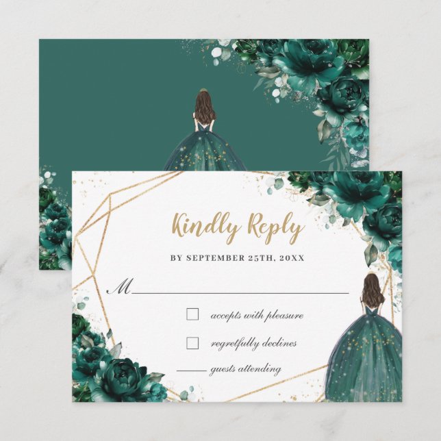 Emerald Green Floral Quinceañera Princess Reply RSVP Card (Front/Back)
