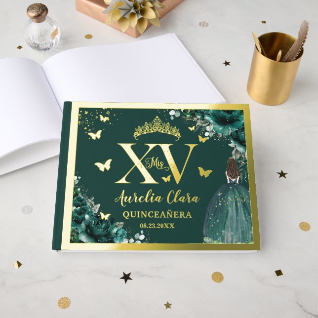 Emerald Green Floral Quinceañera Quince 15 XV Gold Guest Book (Front Open)