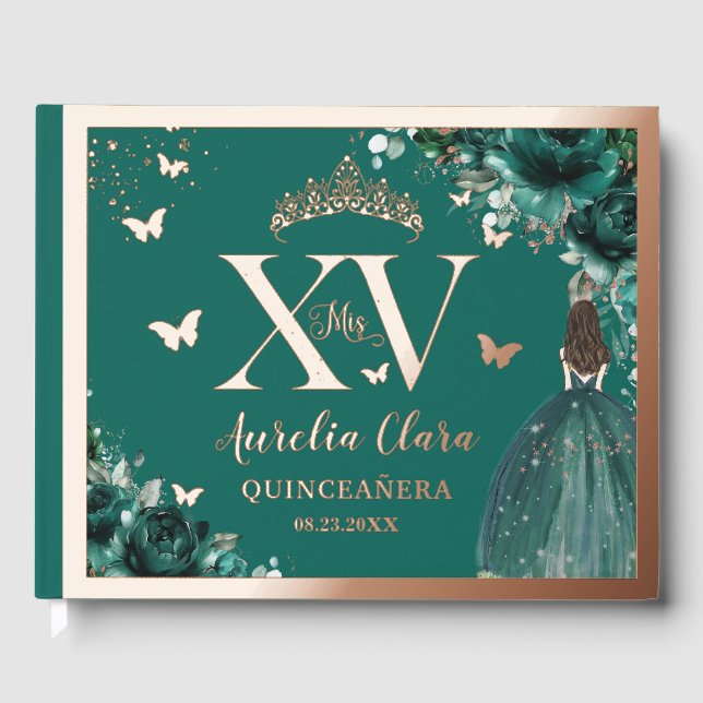 Emerald Green Floral Quinceañera Quince Rose Gold  Guest Book (Front)
