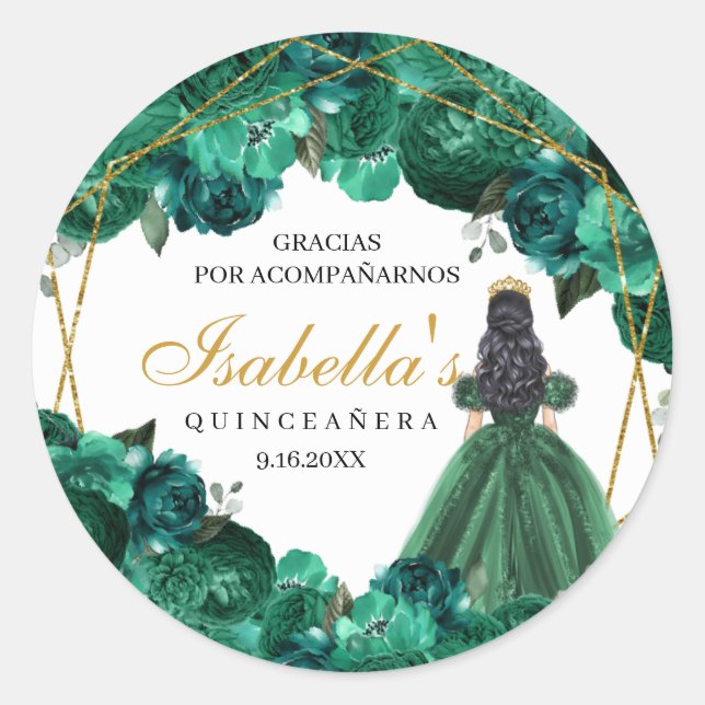 Emerald Green Floral Quinceanera Round Stickers (Front)