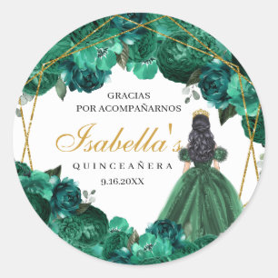 Emerald Green Floral Quinceanera Round Stickers