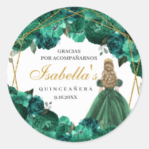 Emerald Green Floral Quinceanera Round Stickers