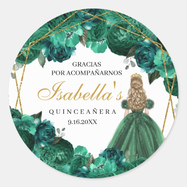 Emerald Green Floral Quinceanera Round Stickers (Front)