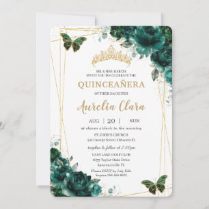 Emerald Green Floral Quinceanera Sweet 16 Birthday Invitation