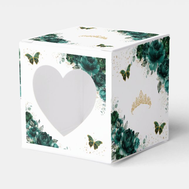 Emerald Green Floral Quinceanera Sweet 16 Mini  Favour Box (Front Side)