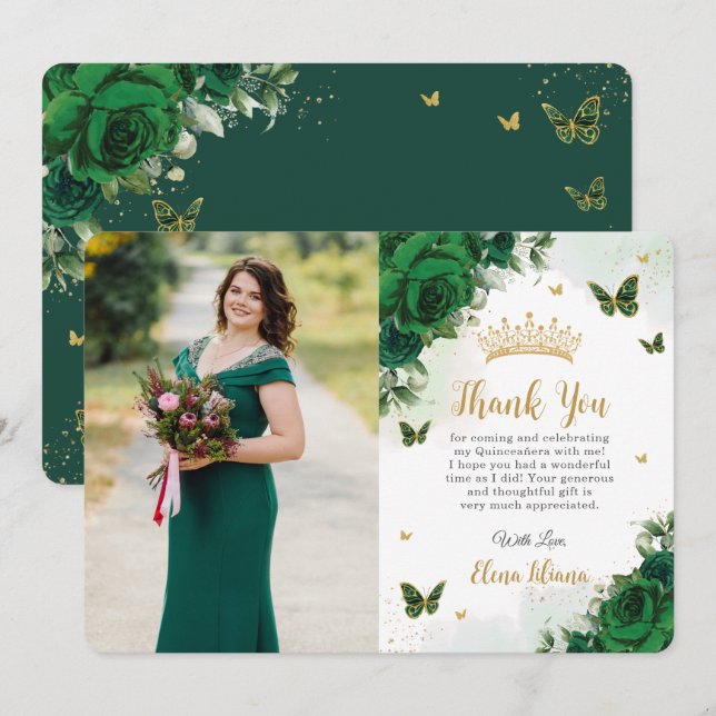 Emerald Green Floral Quinceañera Sweet 16 Photo Thank You Card (Front/Back)