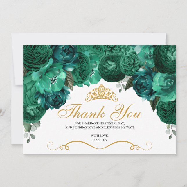Emerald Green Floral Quinceanera Thank You  (Front)