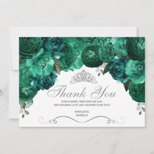 Emerald Green Floral Quinceanera Thank You Card