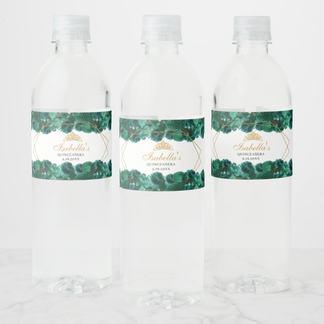 Emerald Green Floral Quinceanera Water Bottle Label (Bottles)