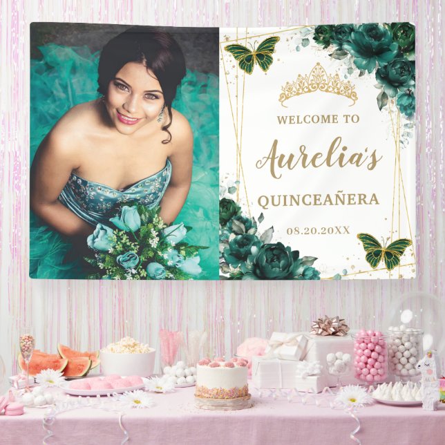 Emerald Green Floral Quinceañera Welcome Backdrop Banner (Party)